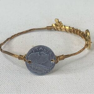 Vintage Italian Centesimi Coin Bangle Bracelet Brass Wire Wrapped Artisan Style